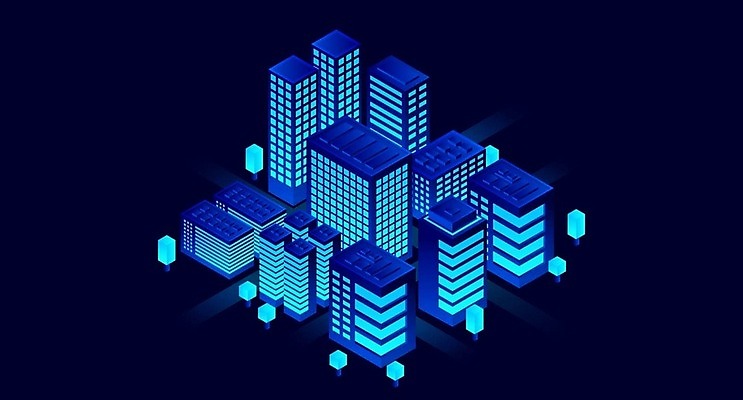 EPS 해외이미지 백그라운드 일러스트 빌딩 사람없음 건물 파란색 도시 네온 아이소메트릭 해외202309 해외일러스트 건축물 컬러 파일형식 벡터