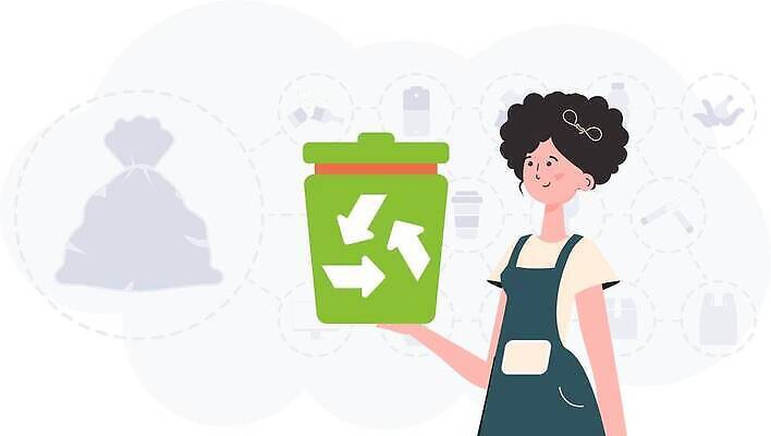 EPS 해외이미지 여자 일러스트 한명 들기 상반신 성인 재활용 쓰레기통 보호 에코 친환경 성인여자한명만 해외202309 해외일러스트 1 컨셉 모션 사람 환경 여자한명만 성인여자만 파일형식 벡터