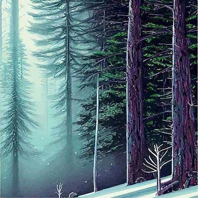 EPS 해외이미지 나무 일러스트 사람없음 돌_바위 풀 숲속 겨울풍경 눈덮임 해외202309 해외일러스트 식물 컨셉 겨울 풍경 숲 파일형식 벡터