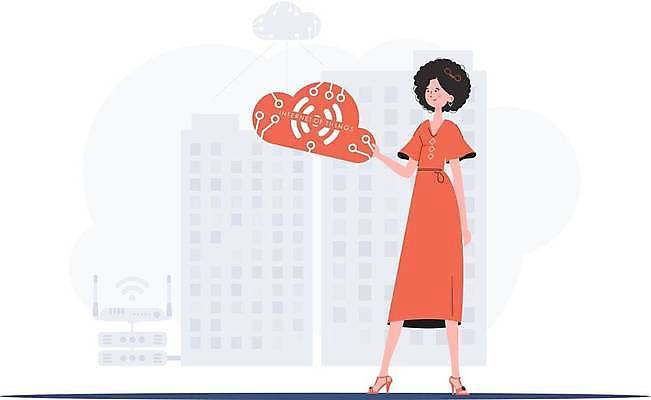 EPS 해외이미지 전신 여자 일러스트 한명 들기 성인 클라우드서비스 사물인터넷 성인여자한명만 해외202309 해외일러스트 1 모션 정보기술 사람 서비스 여자한명만 성인여자만 파일형식 벡터