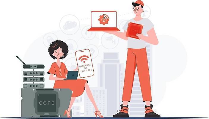 EPS 해외이미지 전신 여자 남자 일러스트 협력 들기 앉기 성인 두명 노트북 스마트폰 와이파이 사물인터넷 성인만 안경낌 해외202309 해외일러스트 안경 모션 정보기술 사람 전자제품 핸드폰 스마트기기 무선인터넷 파일형식 벡터