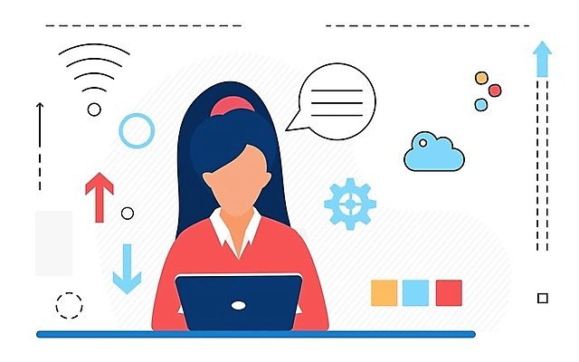 EPS 해외이미지 여자 말풍선 일러스트 한명 상반신 성인 노트북 온라인강의 성인여자한명만 해외202309 해외일러스트 1 사람 전자제품 강의 여자한명만 성인여자만 파일형식 벡터 언택트