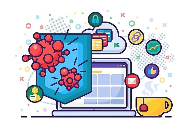 EPS 해외이미지 디자인 일러스트 사람모양 사람없음 노트북 바이러스 보호 찻잔 잠금 보안 손모양 구름모양 클라우드서비스 방패모양 해외202309 해외일러스트 모양 컨셉 잔 안전 전자제품 서비스 방패 파일형식 벡터 손_신체부위 구름_자연