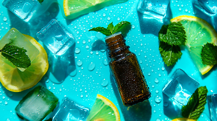 포토 JPG 해외이미지 하늘색 백그라운드 잎 자연 사람없음 아웃포커스 뷰티 얼음 신선 오일 수분 레몬 내추럴 해외202309 해외포토 자연요소 식물 음식 과일 촬영기법 파란색 화장품 생태계 파일형식