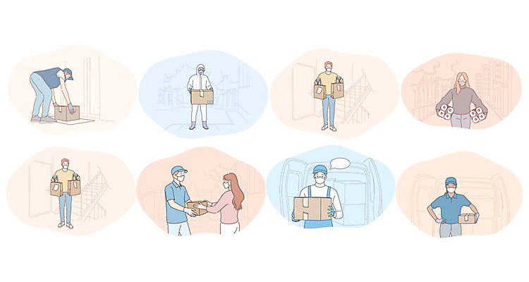 EPS 해외이미지 여자 남자 말풍선 일러스트 비즈니스 마스크 들기 여러명 성인 주기 택배상자 성인만 코로나바이러스 방역복 해외202309 해외일러스트 옷 다수 모션 사람 상자 바이러스 택배 방역 파일형식 벡터