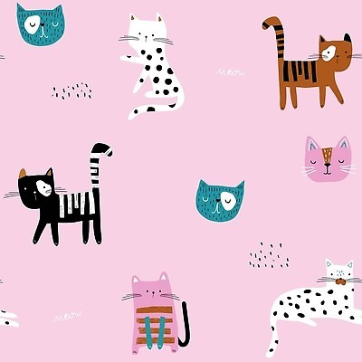EPS 해외이미지 디자인 분홍색 패턴 일러스트 벽지 사람없음 귀여움 고양이 해외202309 해외일러스트 컬러 컨셉 무늬 포유류 반려동물 파일형식 벡터