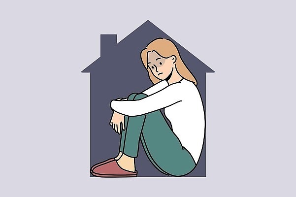 EPS 해외이미지 전신 여자 일러스트 한명 앉기 성인 웅크림 우울감 우울증 성인여자한명만 집모양 해외202309 해외일러스트 모양 1 감정 모션 사람 질병 여자한명만 성인여자만 파일형식 벡터