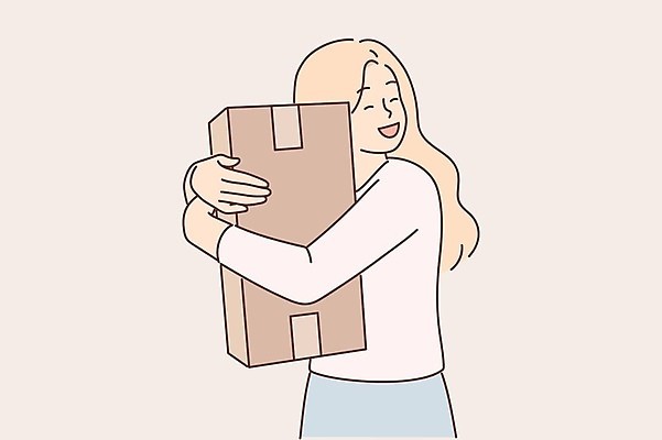 EPS 해외이미지 라이프스타일 여자 일러스트 안기 한명 들기 상반신 성인 기쁨 택배상자 성인여자한명만 해외일러스트 1 감정 모션 사람 생활 상자 택배 여자한명만 성인여자만 파일형식 벡터