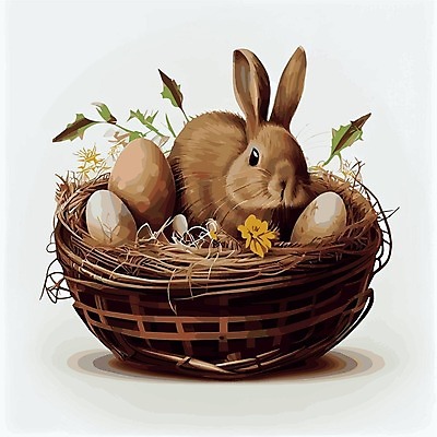 EPS 해외이미지 한마리 일러스트 사람없음 바구니 토끼 짚 부활절계란 해외202309 해외일러스트 1 줄기 포유류 부활절 반려동물 계란 파일형식 벡터