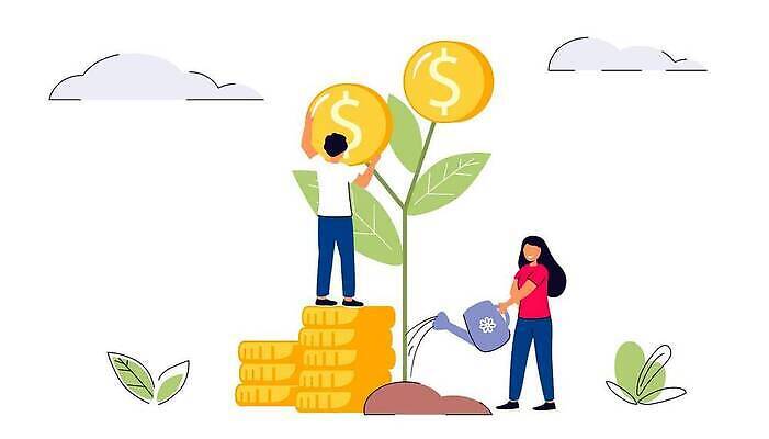 EPS 해외이미지 전신 식물 여자 남자 돈 일러스트 성인 두명 금융 동전 물뿌리개 수집 물주기 성인만 해외202309 해외일러스트 모션 사람 경제 재산 파일형식 벡터