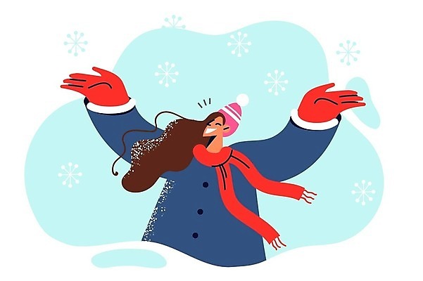 EPS 해외이미지 라이프스타일 여자 겨울 일러스트 한명 상반신 성인 목도리 만세 눈 눈송이 겨울옷 손뻗기 성인여자한명만 해외202309 해외일러스트 자연요소 1 잡화 옷 계절 모션 날씨 눈_날씨 사람 생활 여자한명만 성인여자만 파일형식 벡터