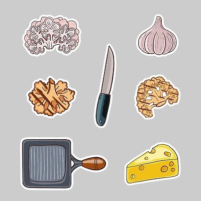 EPS 해외이미지 스티커 채소 일러스트 재료 치즈 마늘 튀김 칼 그릴 굽기 양배추 슬라이스 건강식 윤리 채식주의자 비건 해외202309 해외일러스트 음식 주방용품 유제품 구이 채식 파일형식 벡터