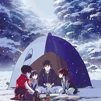 EPS 해외이미지 나무 여자 남자 어린이 여행 겨울 일러스트 산 텐트 소년 여러명 성인 캠핑 캠핑장 눈내림 해외202309 해외일러스트 식물 계절 다수 레저 눈_날씨 캠핑도구 사람 파일형식 벡터