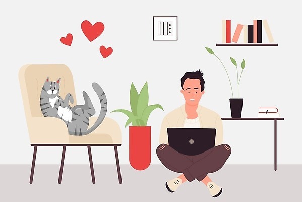 EPS 해외이미지 전신 라이프스타일 남자 일러스트 함께함 한명 앉기 성인 노트북 업무 성인남자한명만 반려묘 해외202309 해외일러스트 1 컨셉 모션 사람 생활 전자제품 반려동물 고양이 작업 남자한명만 성인남자만 파일형식 벡터