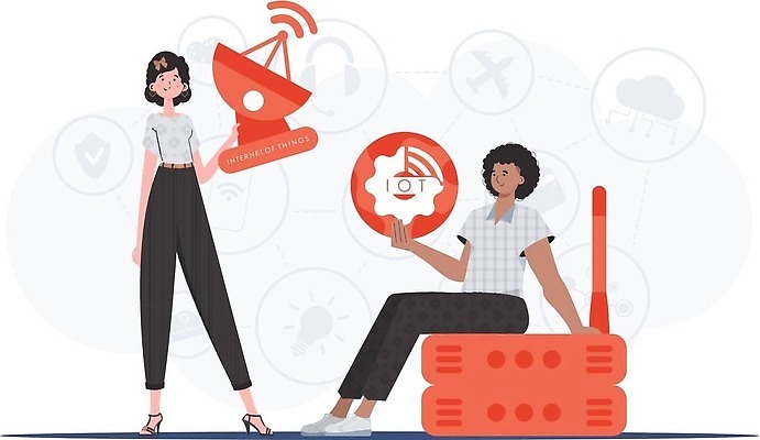 EPS 해외이미지 전신 여자 남자 일러스트 협력 안테나 들기 앉기 성인 두명 원형 톱니바퀴 와이파이 사물인터넷 성인만 해외202309 해외일러스트 도형 통신 모션 정보기술 사람 무선인터넷 파일형식 벡터