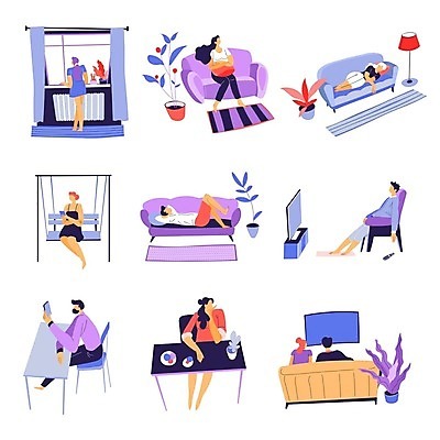 EPS 해외이미지 전신 여자 남자 화분 화초 일러스트 창문 전등 서기 앉기 여러명 성인 스마트폰 소파 눕기 보라색 텔레비전 카펫 책상 성인만 해외202309 해외일러스트 식물 컬러 가구 다수 의자 모션 조명 사람 전자제품 핸드폰 스마트기기 파일형식 벡터