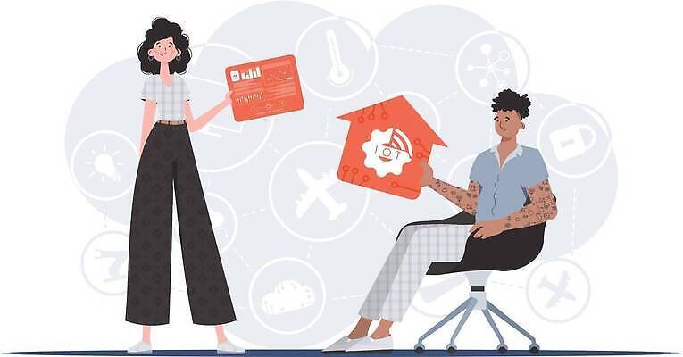 EPS 해외이미지 전신 여자 남자 의자 일러스트 협력 들기 앉기 성인 두명 사물인터넷 성인만 집모양 해외202309 해외일러스트 모양 가구 모션 정보기술 사람 파일형식 벡터