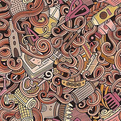 EPS 해외이미지 헤어스타일 백그라운드 패턴 일러스트 사람없음 머리빗 미용용품 낙서 가득함 헤어롤 머리손질 미용가위 염색약 해외일러스트 무늬 가위_도구 뷰티 오브젝트 파일형식 벡터