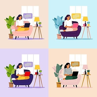 EPS 해외이미지 전신 여자 화분 말풍선 일러스트 탁자 앉기 여러명 성인 노트북 소파 스탠드 온라인강의 성인여자만 해외202309 해외일러스트 가구 다수 의자 모션 조명 사람 전자제품 강의 여자만 성인만 파일형식 벡터 언택트