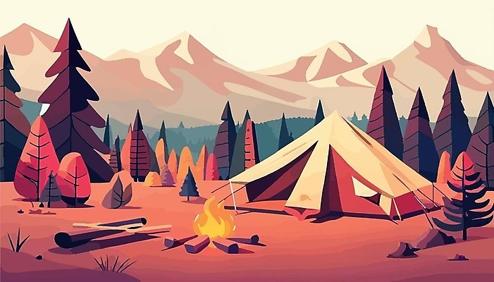 EPS 해외이미지 나무 여행 일러스트 산 텐트 사람없음 캠핑 모닥불 캠핑장 해외202309 해외일러스트 식물 불 레저 캠핑도구 파일형식 벡터