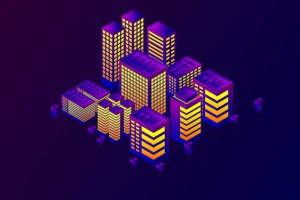 EPS 해외이미지 백그라운드 일러스트 빌딩 사람없음 건물 보라색 도시 네온 아이소메트릭 해외202309 해외일러스트 건축물 컬러 파일형식 벡터