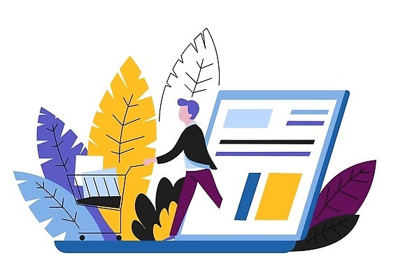 EPS 해외이미지 전신 남자 잎 일러스트 비즈니스 한명 성인 노트북 걷기 스크린 쇼핑카 온라인쇼핑 성인남자한명만 해외202309 해외일러스트 식물 1 모션 사람 전자제품 쇼핑 카트 온라인 남자한명만 성인남자만 파일형식 벡터