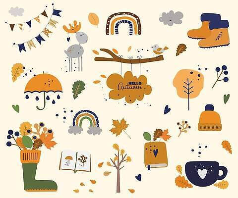 EPS 해외이미지 무지개 단풍 낙엽 일러스트 우산 조류 단풍나무 사슴 나뭇잎 털모자 부츠 사람없음 책 머그컵 물방울 나뭇가지 가랜드 해외202309 해외일러스트 자연요소 나무 동물 모자_잡화 신발 잎 포유류 컵 파티용품 파일형식 벡터