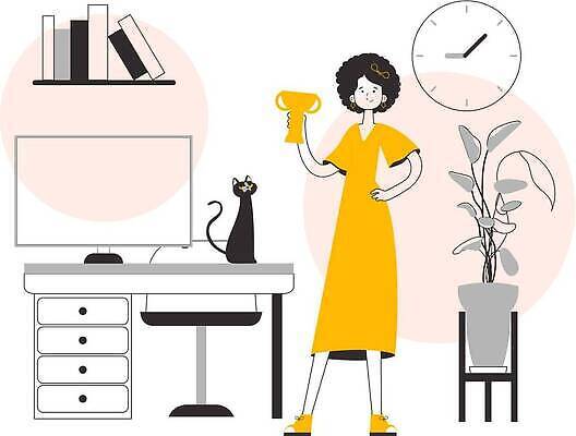 EPS 해외이미지 전신 식물 여자 화분 시계 허리손 의자 일러스트 선반 한명 서기 들기 성인 책 노란색 모니터 검은색 작업실 트로피 라인아트 책상 서랍장 성인여자한명만 반려묘 해외202309 해외일러스트 1 선 컬러 포즈 가구 모션 사람 반려동물 컴퓨터 고양이 상_우승 여자한명만 성인여자만 파일형식 벡터