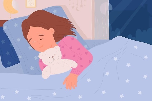 EPS 해외이미지 여자 행복 별 어린이 일러스트 창문 베개 한명 상반신 눈감음 곰인형 이불 침대 잠 야간 달모양 소녀한명만 해외202309 해외일러스트 자연요소 모양 1 감정 인형 가구 침구 모션 사람 여자한명만 소녀만 파일형식 벡터