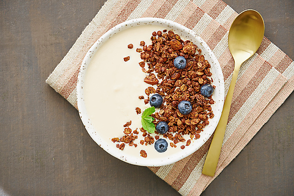 포토 JPG 해외이미지 음식 사람없음 하이앵글 초콜릿 숟가락 아침식사 냅킨 블루베리 요거트 그래놀라 해외202309 해외포토 뷰포인트 과일 디저트 유제품 수저 식사 파일형식