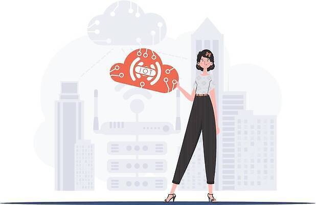 EPS 해외이미지 전신 여자 일러스트 한명 들기 성인 클라우드서비스 사물인터넷 성인여자한명만 해외202309 해외일러스트 1 모션 정보기술 사람 서비스 여자한명만 성인여자만 파일형식 벡터