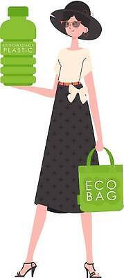 EPS 해외이미지 전신 여자 가방 일러스트 한명 들기 성인 재활용 보호 에코 친환경 페트병 성인여자한명만 해외202309 해외일러스트 1 잡화 컨셉 모션 사람 환경 병_담는 여자한명만 성인여자만 파일형식 벡터