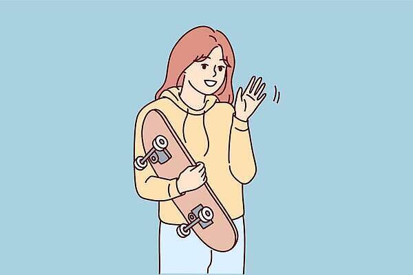 EPS 해외이미지 여자 일러스트 청소년 한명 들기 상반신 일상 운동 건강관리 스케이트보드 손인사 십대여자한명만 해외202309 해외일러스트 1 모션 건강 관리 사람 라이프 인사 보드_스포츠 여자한명만 십대여자만 파일형식 벡터