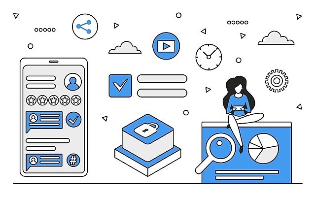 EPS 해외이미지 전신 여자 일러스트 비즈니스 그래프 한명 성인 파란색 스마트폰 디지털 정보 업무 스마트 분석 온라인 경영 데이터베이스 인터페이스 성인여자한명만 해외202310 해외일러스트 1 컬러 컨셉 사람 핸드폰 스마트기기 작업 여자한명만 성인여자만 파일형식 벡터