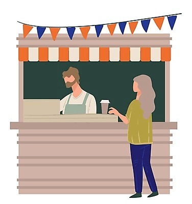 EPS 해외이미지 전신 여자 남자 일러스트 서기 성인 두명 카페 계산대 직원 가랜드 손님맞이 테이크아웃컵 성인만 해외202309 해외일러스트 모션 사람 컵 상점 파티용품 파일형식 벡터