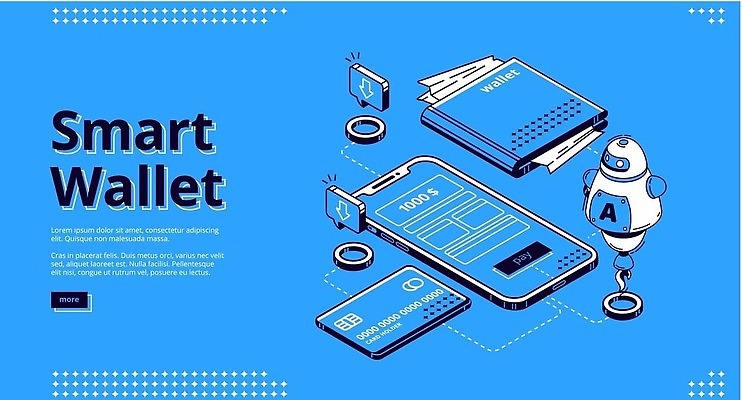 EPS 해외이미지 화살표 일러스트 사람없음 파란색 스마트폰 신용카드 지갑 로봇 아이소메트릭 스마트페이 해외202309 해외일러스트 컬러 금융 핸드폰 스마트기기 스마트 결제 파일형식 벡터