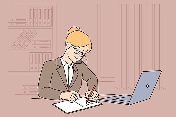 EPS 해외이미지 여자 안경 일러스트 책장 한명 상반신 성인 노트북 스마트폰 펜 공책 기록 통화 성인여자한명만 해외일러스트 1 잡화 가구 모션 문구용품 사람 전자제품 핸드폰 스마트기기 필기구 여자한명만 성인여자만 파일형식 벡터