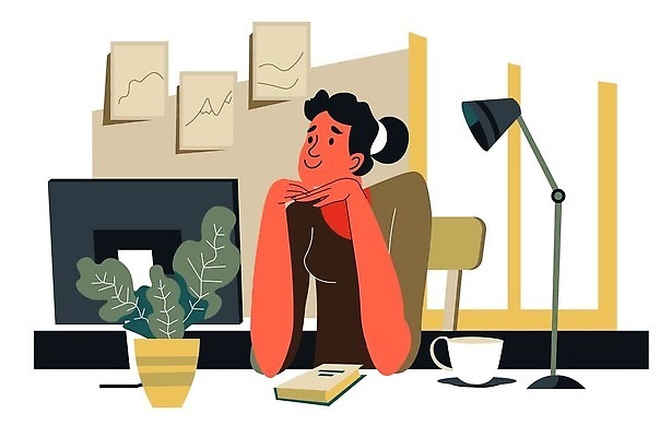 EPS 해외이미지 식물 여자 화분 액자 일러스트 비즈니스 창문 한명 상반신 성인 다이어리 턱괴기 머그컵 스탠드 성인여자한명만 해외202309 해외일러스트 1 모션 조명 사람 컵 사무용품 여자한명만 성인여자만 파일형식 벡터