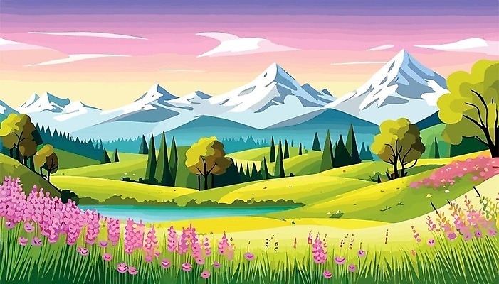 EPS 해외이미지 나무 호수 일러스트 하늘 산 사람없음 봄 들꽃 분위기 해외202309 해외일러스트 식물 계절 꽃 컨셉 파일형식 벡터