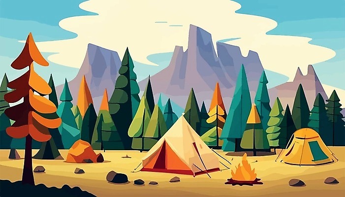 EPS 해외이미지 나무 여행 일러스트 산 텐트 사람없음 캠핑 모닥불 캠핑장 해외202309 해외일러스트 식물 불 레저 캠핑도구 파일형식 벡터