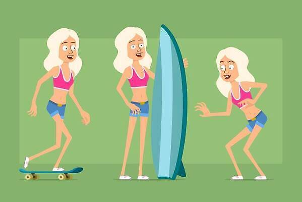 EPS 해외이미지 모델 캐릭터 여자 행복 얼굴 스포츠 파도 바다 분홍색 셔츠 일러스트 반바지 휴가 휴식 거리 서기 세트 금발 청바지 표현 스케이트보드 서핑보드 뜨거움 플랫 승차 만화 사인 애니메이션 고립 스타일 벡터 해외202309 해외일러스트 일러캐릭터 헤어스타일 감정 컬러 컨셉 상의 바지 모션 사람 신체부위 보드_스포츠 파일형식