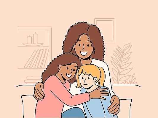 EPS 해외이미지 식물 여자 어린이 액자 일러스트 가족 안기 책장 상반신 성인 세명 소파 여자만 해외202309 해외일러스트 가구 의자 관계 모션 사람 파일형식 벡터