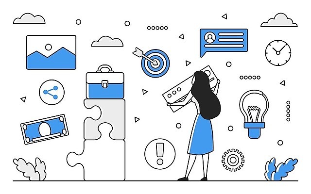 EPS 해외이미지 전신 여자 가방 일러스트 비즈니스 한명 성인 파란색 디지털 정보 업무 퍼즐 스마트 분석 온라인 경영 데이터베이스 인터페이스 성인여자한명만 해외202310 해외일러스트 1 잡화 컬러 컨셉 사람 작업 여자한명만 성인여자만 파일형식 벡터