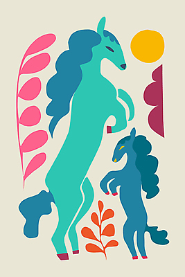 JPG 해외이미지 포스터 백그라운드 두마리 무늬 일러스트 추상 사람없음 컬러풀 말_동물 풀잎 그림 기하학 해외202309 해외일러스트 컬러 잎 2 포유류 풀_식물 파일형식