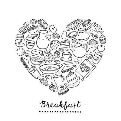 EPS 해외이미지 빵 과일 일러스트 치즈 바나나 사람없음 케이크 계란 하트 프라이팬 아침식사 낙서 찻잔 찻주전자 시리얼 라인아트 아기자기 해외202309 해외일러스트 모양 선 음식 컨셉 주전자 주방용품 디저트 잔 유제품 알 식사 파일형식 벡터