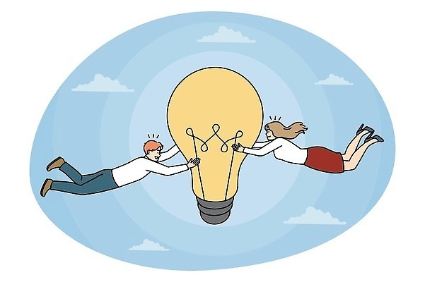 EPS 해외이미지 전신 여자 남자 와이셔츠 일러스트 비즈니스 전구 안기 하늘 성인 두명 비행 잡기 성인만 해외202309 해외일러스트 셔츠 모션 사람 파일형식 벡터