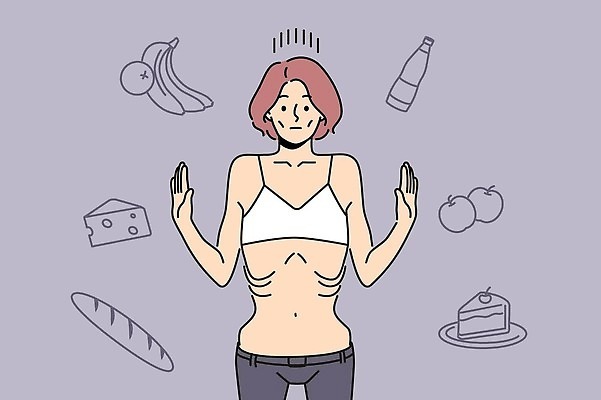 EPS 해외이미지 여자 음료 빵 일러스트 치즈 바나나 한명 상반신 성인 사과 조각케이크 거식증 성인여자한명만 정신건강 해외202309 해외일러스트 1 음식 과일 유제품 건강 사람 케이크 질병 여자한명만 성인여자만 파일형식 벡터