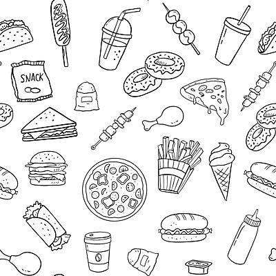 EPS 해외이미지 커피 음료 선 음식 패턴 일러스트 아이스크림 피자 패스트푸드 흑백 샌드위치 육류 요리 책 식당 검은색 식사 저녁식사 카페 감자튀김 도넛 아침식사 낙서 폐기물 바비큐 먹기 머스터드 레모네이드 메뉴 그림 윤곽 손그림 페이지 핫도그 점심식사 고립 해로움 벡터 해외202309 해외일러스트 컬러 컨셉 무늬 식재료 모션 디저트 감자 서양음식 촬영기법 상점 튀김 소스_음식 인스턴트 쓰레기 에이드 파일형식
