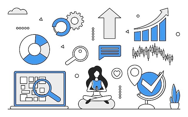 EPS 해외이미지 전신 여자 일러스트 비즈니스 그래프 한명 성인 파란색 노트북 디지털 정보 업무 스마트 분석 온라인 경영 데이터베이스 인터페이스 성인여자한명만 해외202310 해외일러스트 1 컬러 컨셉 사람 전자제품 작업 여자한명만 성인여자만 파일형식 벡터