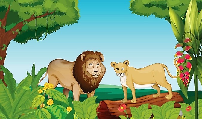 EPS 해외이미지 나무 식물 동물 꽃 잎 일러스트 자연 하늘 풍경 그래픽 초록색 파란색 컬러풀 힘 나뭇가지 호랑이 기다림 숲 사자 왕 열대우림 만화 땅 그림 통나무 육식동물 장면 표범 여왕 암사자 해외202004 해외일러스트 컬러 포유류 모션 암컷 생태계 파일형식 벡터